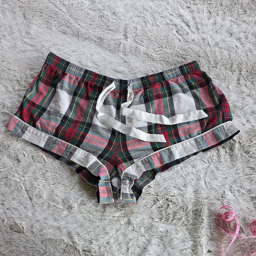 Victoria's Secret Red, Green and White Plaid Lounge Shorts with White Bow